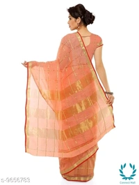 Orange Kota Doria Cotton Zari Stripes Checks saree with Unstitched Blouse piece - Striped, Pack Of :1